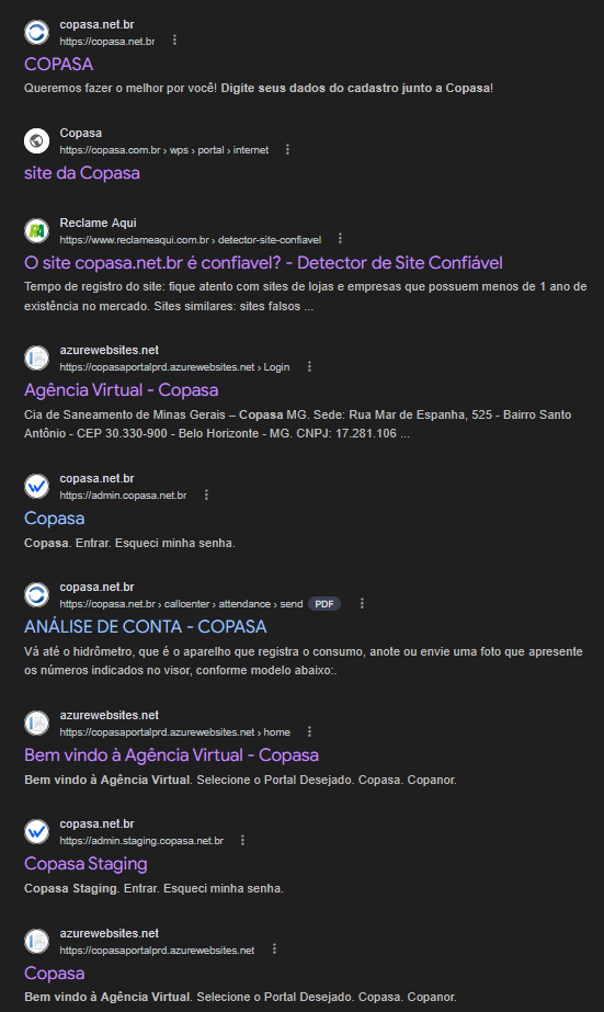 First page results for Copasa.net.br